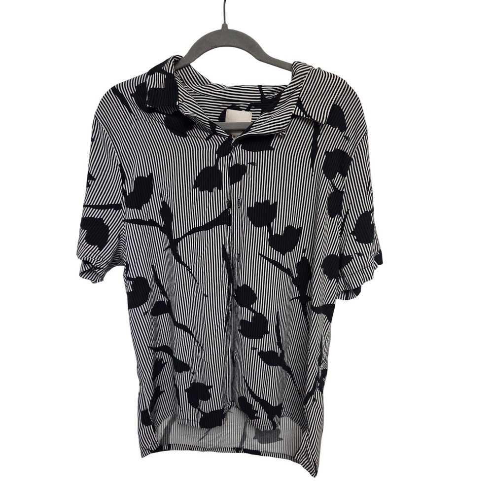 INDUSTRY XL TG Black White Striped Floral Short Sleeve Button Up Shirt Top